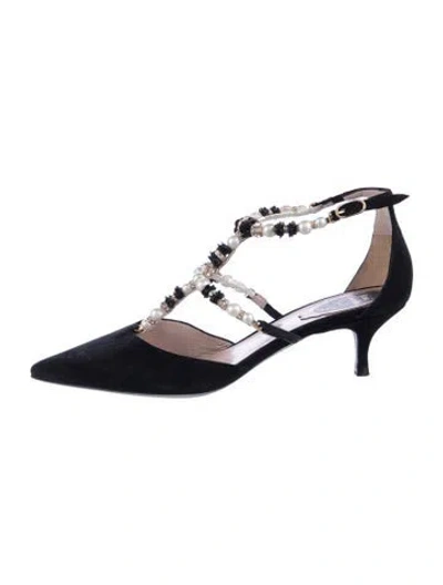 Pre-owned René Caovilla Faux Pearl Accents Suede Pumps In Black