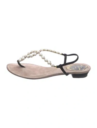 Pre-owned René Caovilla Faux Pearl Accents Suede Sandals In Black