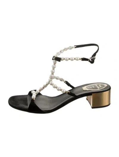 Pre-owned René Caovilla Faux Pearl Accents Suede Sandals In Black