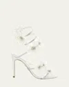 René Caovilla Floraine Crystal Flower Satin Snake Wrap Sandals In White