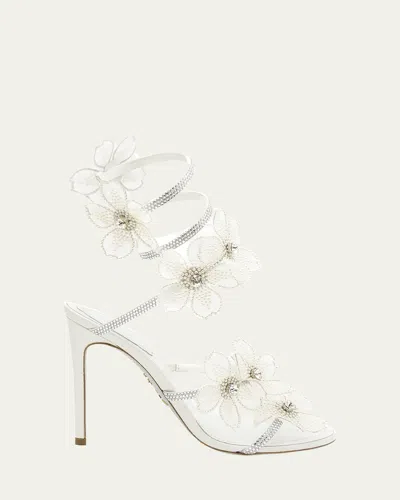 René Caovilla Floraine Crystal Flower Satin Snake Wrap Sandals In White