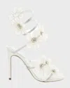 René Caovilla Floraine Crystal Flower Satin Snake Wrap Sandals