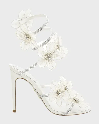RENÉ CAOVILLA FLORAINE CRYSTAL FLOWER SATIN SNAKE WRAP SANDALS