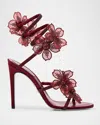 René Caovilla Floraine Crystal Flower Satin Snake Wrap Sandals
