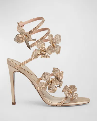 René Caovilla Floraine Crystal Flowers Ankle-wrap Sandals In Beige/gold