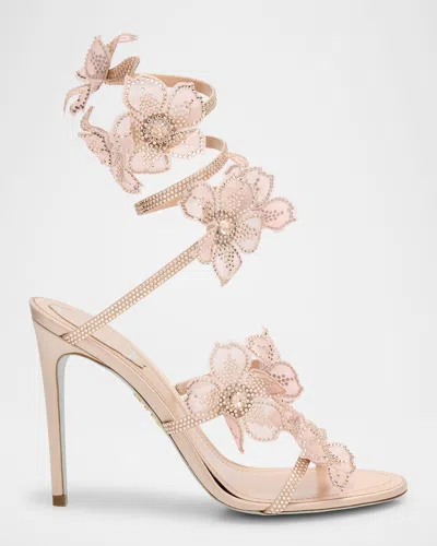 René Caovilla Floraine Crystal Flowers Satin Snake-wrap Sandals In Nude Silk