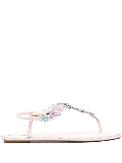 René Caovilla Floral-appliqué Leather Sandals In Pink