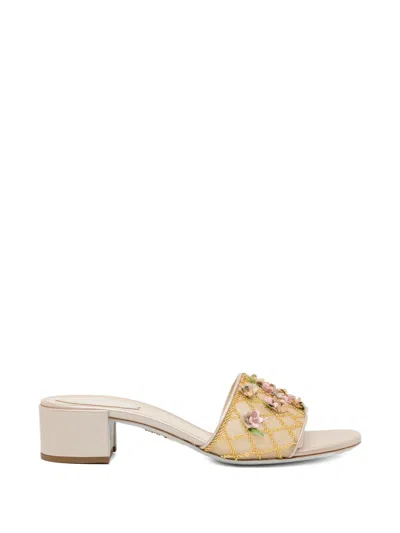 René Caovilla Floral Appliquéd Heeled Sandals In Neutral