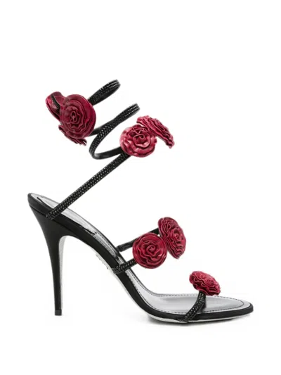 René Caovilla Floral-embellished Wrap-around Sandals In Black