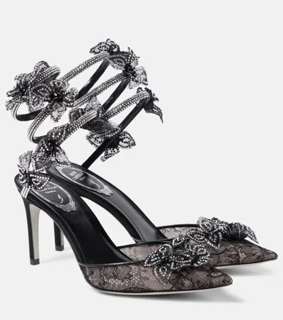 René Caovilla Floriane 80 Embellished Lace And Leather Pumps In Black