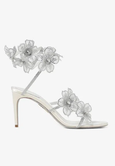René Caovilla Flower 80 Leather Sandals In White