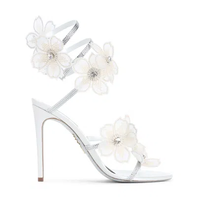 René Caovilla Leather Floral Embroidered Crystal Sandals In White