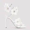 René Caovilla Leather Floral Embroidered Crystal Sandals In White