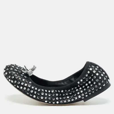 Pre-owned René Caovilla Galaxia Size 38.5 Black Leather Bow Crystal Embellished Scrunch Ballet Flats