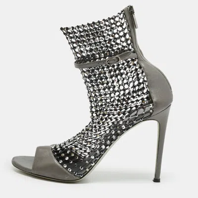 Pre-owned René Caovilla Galaxia Size 41 Grey Lace And Leather Ankle Strap Sandals In Gray