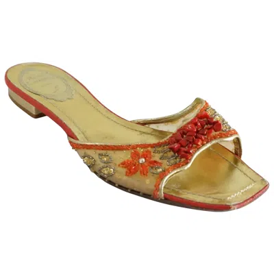 Pre-owned René Caovilla Rene Caovilla Gold And Red Mesh Beaded Slides - 36