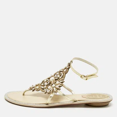 Pre-owned René Caovilla Gold Karung Leather Crystal Embellished Flat Sandals Size 39