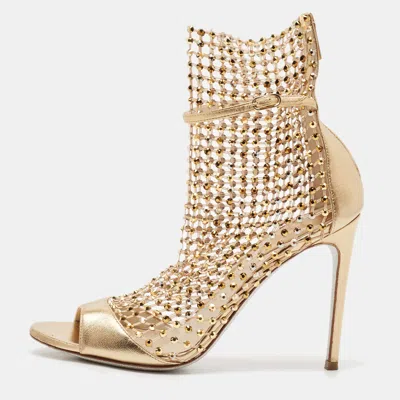 Pre-owned René Caovilla Rene Caovilla Gold Leather And Lace Crystal Embellished Galaxia Sandals Size 38.5