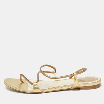 Pre-owned René Caovilla Gold Leather Ankle Wrap Flat Sandals Size 41