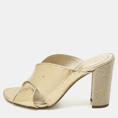 Pre-owned René Caovilla Gold Leather Crisscross Slide Sandals Size 38.5