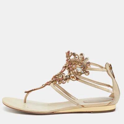 René Caovilla Gold Leather Crystals Embellished T Strap Flats