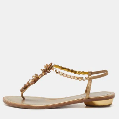 René Caovilla Gold Leather Crystals Embellished Thong Flats In Brown