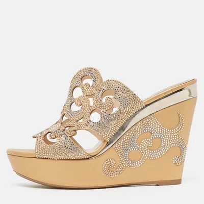 Pre-owned René Caovilla Gold/beige Leather Lasercut Crystals Wedge Sandals Size 40