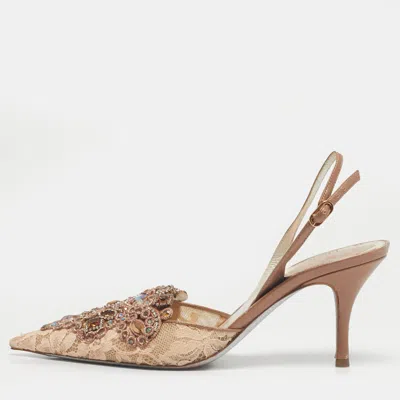 René Caovilla Golden Lace And Leather Crystals Embellished Veneziana Slingback Pumps