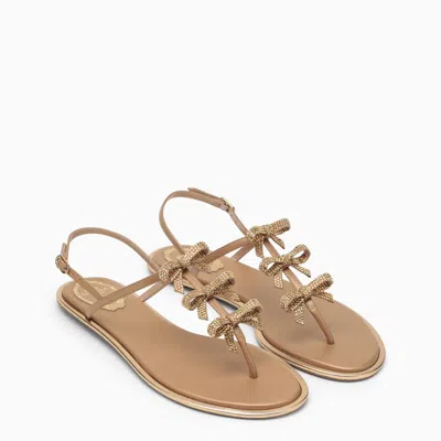 René Caovilla Golden Leather Sandal With Bows In Metal