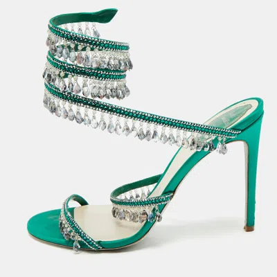 Pre-owned René Caovilla Green Satin Crystal Embellished Cleo Sandals Size 40
