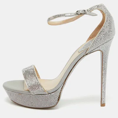 Pre-owned René Caovilla Grey Crystal Embellished Satin Platform Ankle Strap Sandals Size 38