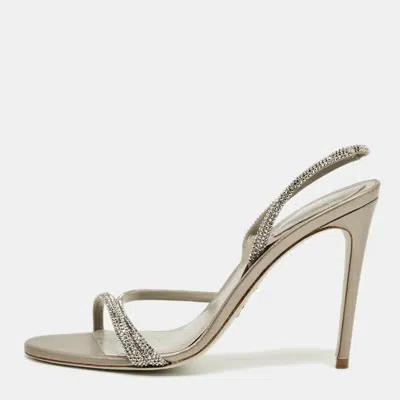 René Caovilla Grey Satin Crystal Embellish Slingback Sandals In Gray