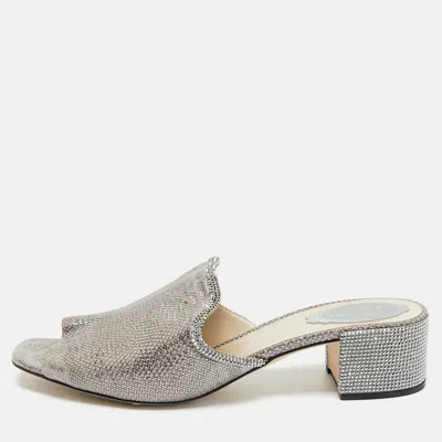 Pre-owned René Caovilla Grey//silver Texture Leather Crystal Embellished Mules Size 41 In Gray