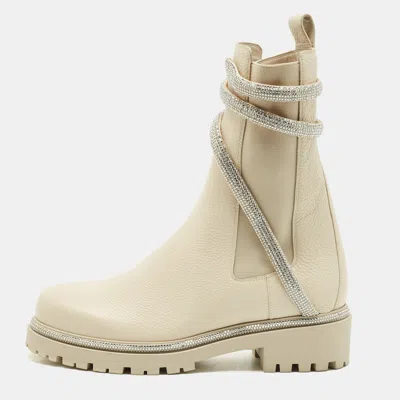 Pre-owned René Caovilla Ivory Leather Cleo Ankle Length Boots Size 39