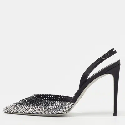 Pre-owned René Caovilla Jackie Size 42 Black/silver Satin Crystal Embellished Slingback Pumps