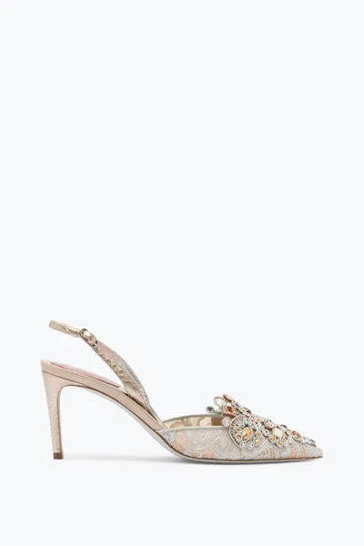 René Caovilla Jewel Slingbacks In Lace Veneziana In Gray
