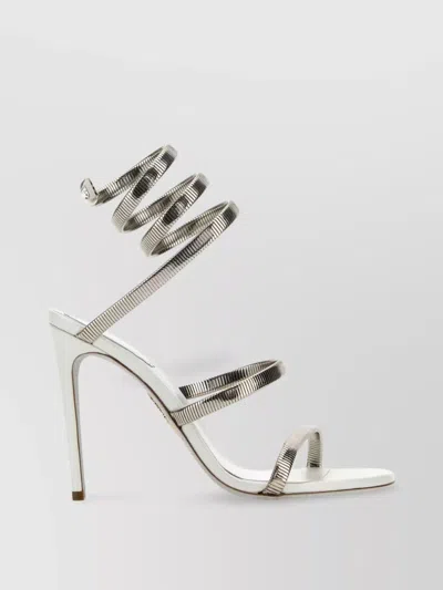 René Caovilla Juniper Sandals Metallic Finish Stiletto Heel In White