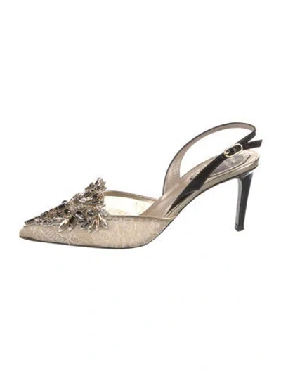 Pre-owned René Caovilla Lace Crystal Embellishments Slingback Pumps In Multi