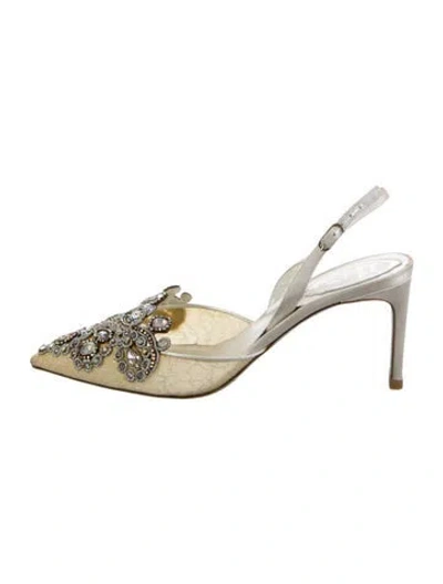 Pre-owned René Caovilla Lace Crystal Embellishments Slingback Pumps In Neutral