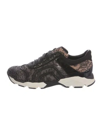 Pre-owned René Caovilla Lace Crystal Embellishments Sneakers In Black