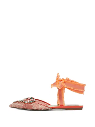 Pre-owned René Caovilla Lace Crystal-embellished Sandals In Orange
