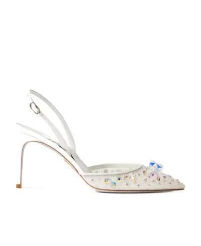 René Caovilla Lace Embellished Sling Back Pumps In White