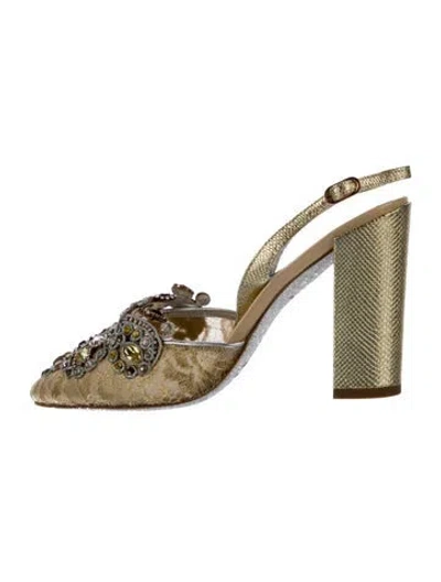 Pre-owned René Caovilla Lace Lace Pattern Mules In Gold