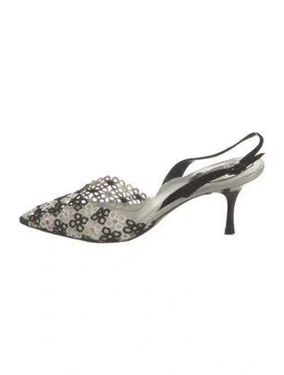 Pre-owned René Caovilla Lace Pattern Crystal Embellishments Slingback Pumps In Black