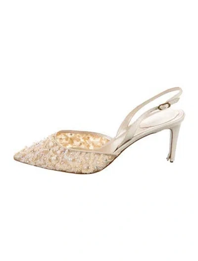 Pre-owned René Caovilla Lace Pattern Crystal Embellishments Slingback Pumps In Neutral