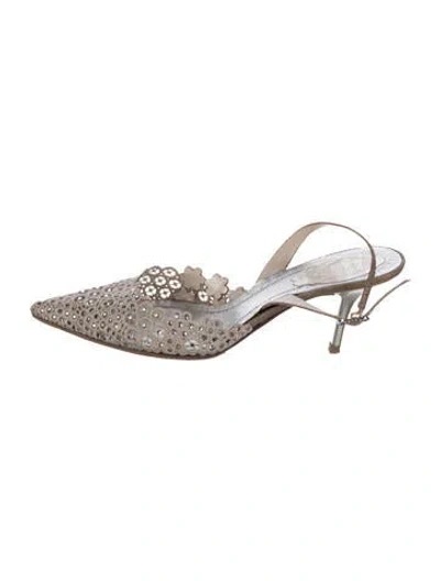 Pre-owned René Caovilla Lace Pattern Crystal Embellishments Slingback Pumps In Neutrals