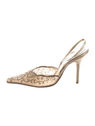 Pre-owned René Caovilla Lace Pattern Mesh Accents Slingback Pumps In Gold/metallic