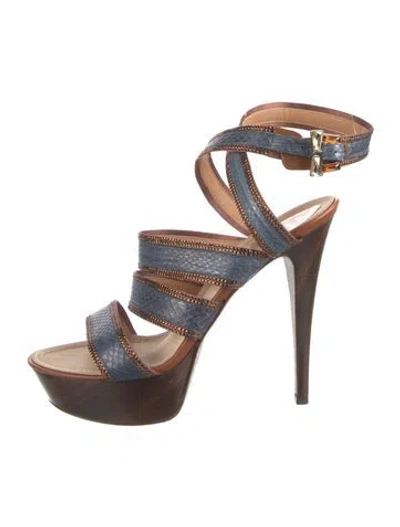 Pre-owned René Caovilla Leather Animal Print Sandals In Blue/brown