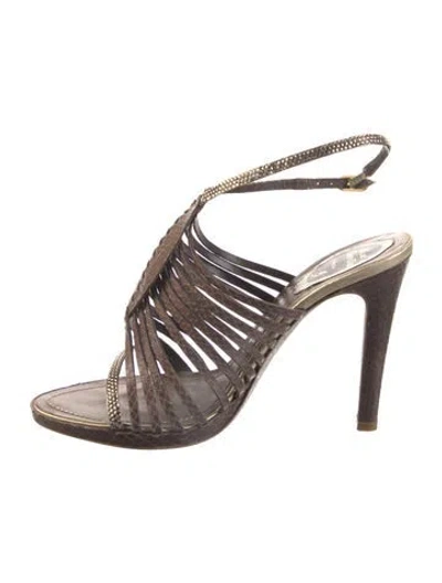 Pre-owned René Caovilla Leather Animal Print Slingback Sandals In Brown