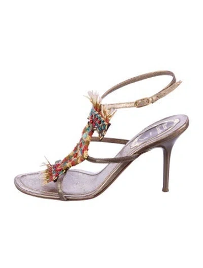 Pre-owned René Caovilla Leather Beaded Accents T-strap Sandals In Purple